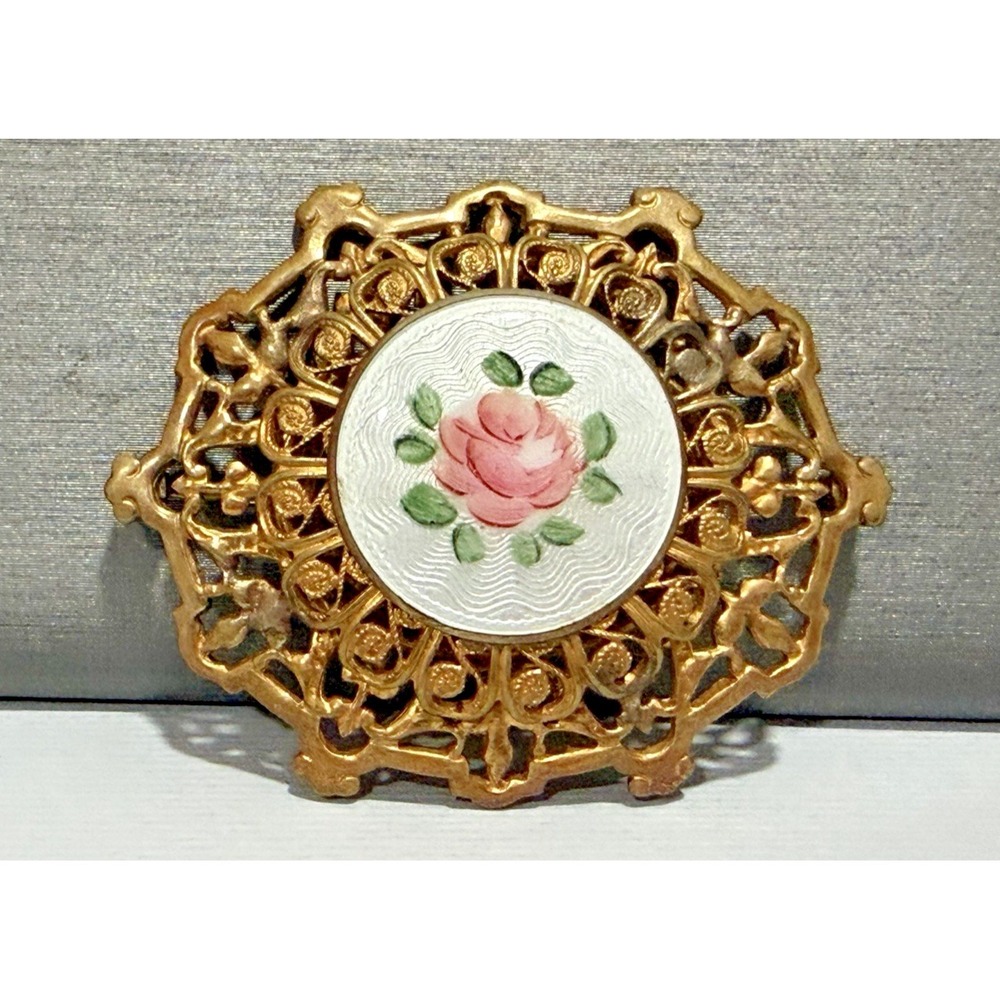 Vintage‎ Gold Tone Filigree Rose Guilloche Enamel Brooch Pin Floral Victorian 2"
